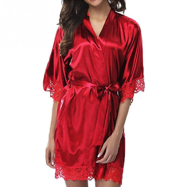 New Women Nightdress Robes Sexy Lace-up Lace Stitching Spandex Half Sleeve Short Night Gown Lady Soft Solid Color Nightdress S1015