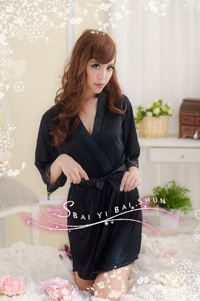 New sexy lingerie Japanese kimono sexy pajamas female transparent hot adult Sao ice silk bathrobe tied with