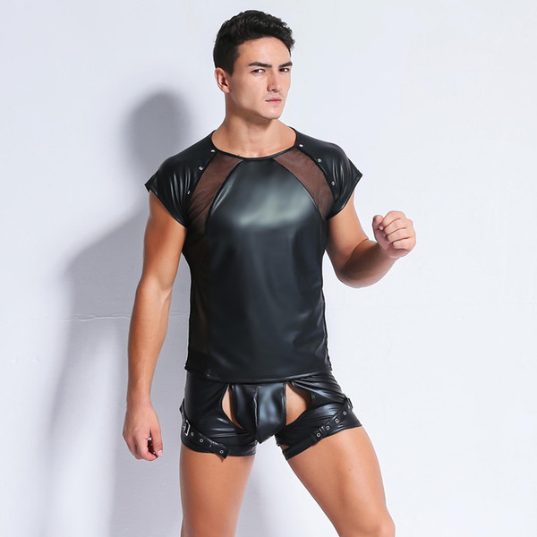 sexy plus size men lingerie top tanks male latex transparent underwear catsuit PU ropa interior mujer sexy gay mens