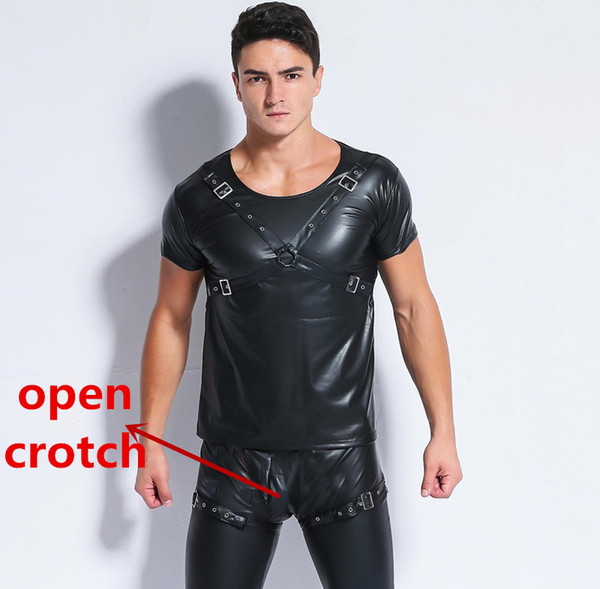 Sexy Lingerie Men's Sexy Singlet Latex PU Bodysuit Gay Fetish Breathable Sheathy Open Back Body Suit with hat Gay Costume Men