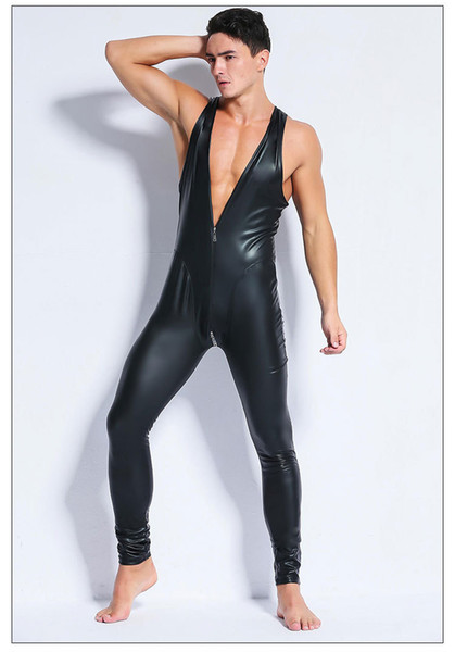 man latex sexy teddies & bodysuits pu zipper jumpsuit mens sexy lingerie gay mens night club bar stage uniforms