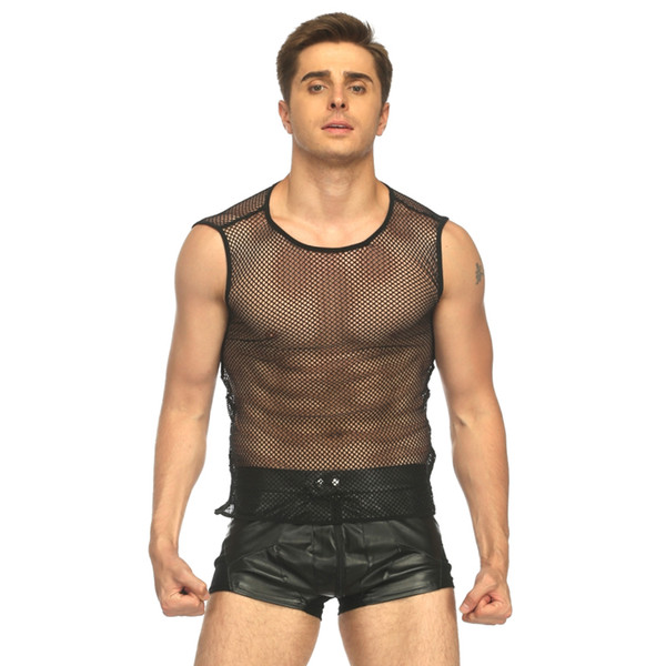 sexy plus size men lingerie top tanks male transparent net hole top shirt hollow out underwear ropa interior mujer sexy gay mens