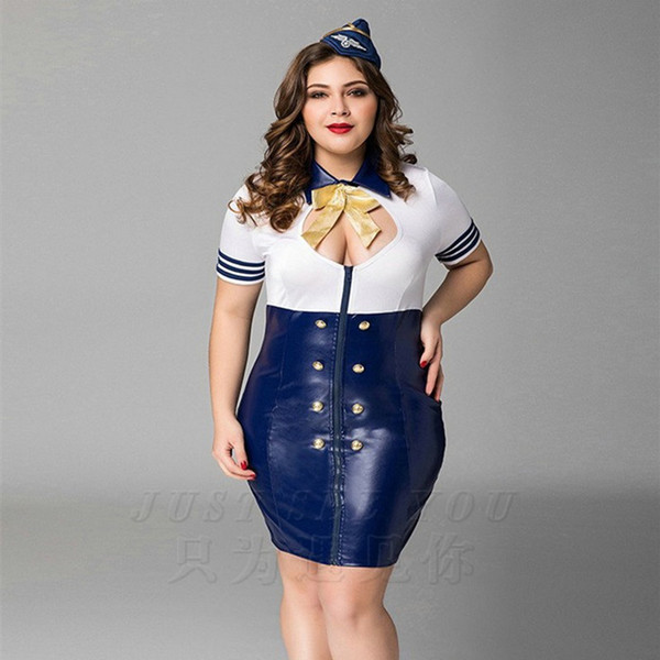 High quality Blue Naughty Navy Airline Stewardess Uniform Costume Sexy Girl Women Fantasia Plus Big Size Baby Doll Lingerie PU Latex Dresses