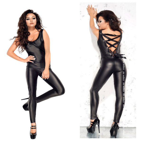 Sexy Erotic Latex Lingerie Costumes PU Leather Punk Womens Jumpsuit Romper Backless Hollow Out Bondage Jumpsuit Nightclub Wear