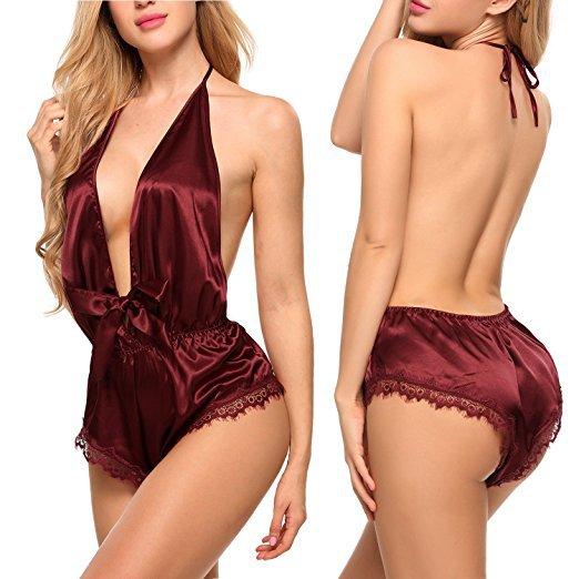 Women Sexy Lingerie Low Bosom V Neck Satin Bodysuit Lingerie Smooth Silk-like Nightwear Sleepwear Pajama Set Big Size L XXL
