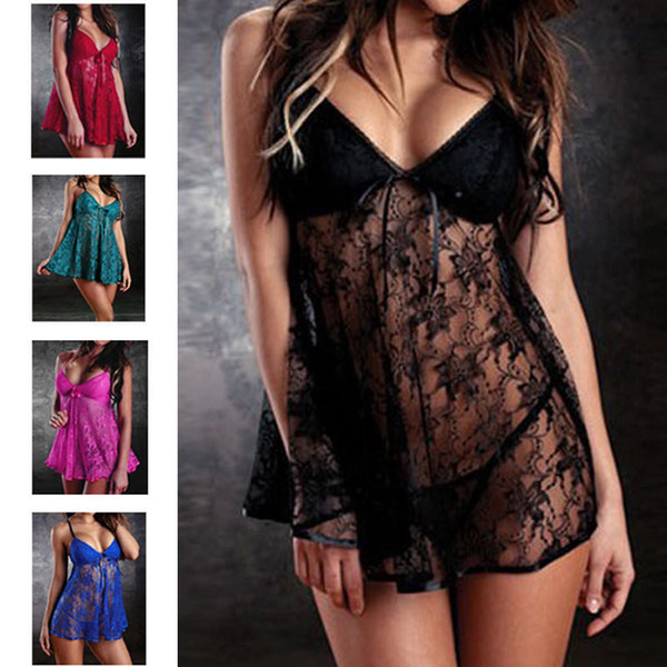 Plus Size XL 2XL XXXL See Through Sexy Lingerie Women Lace Babydoll Dress Sleepwear Underwear G-String Sheer Sleepwear Chemises