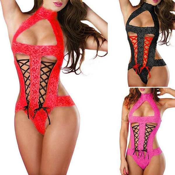 2019 new valentine's day sexy lingerie hot Red black lace deep_v neck teddy sexy erotic underwear lingerie lenceria sexy costumes new