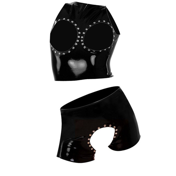 Women Latex Rubber Fancy Lingerie Set Cupless Top with Crotchless Brief Rivets