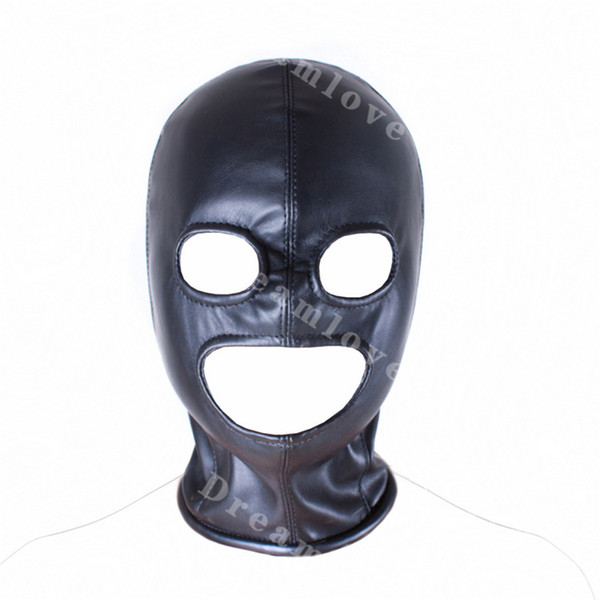 Black Leather Back Zip Fetish Hood Open Eyes and Open Mouth Gothic Gimp Slave Role Play Costume