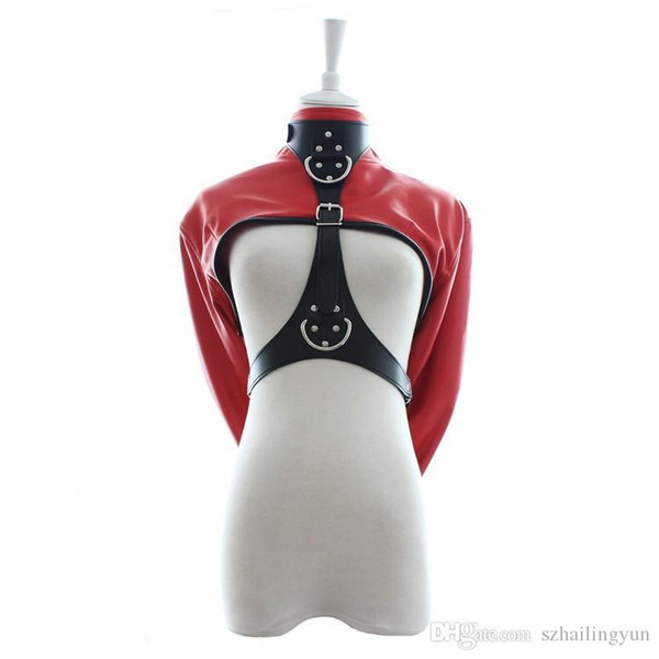 SM hot sexy Kinky Gay Fetish Red Leather Straitjacket Female Cupless Strait Jacket Women's Sex Bondage Restraint Costume