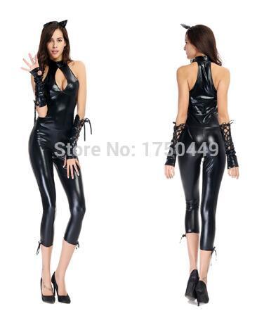 Hot On Sale 2016 Summer New Party Queen Latex Costume Black Bodycon Jumpsuit Faux Leather Sexy Catsuit Fetish Cosplay Costume