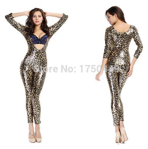 Drop Shipping Hot SALE 2016 Sexy Ladies Exotic Apparel Shiny Leopard Print Bodysuit Catsuit Wholesale Price Animal Catsuit