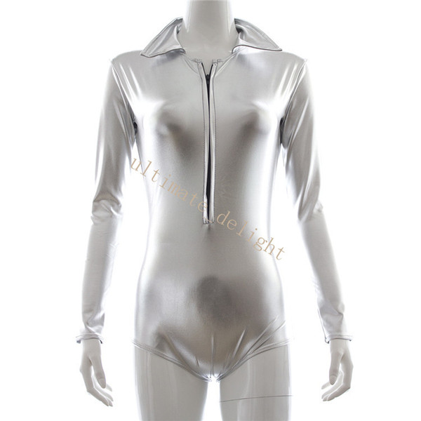 Silver Patent Leather Long Sleeves Tight Fit Jumpsuit With Collar Women Flirty Sexy Cloth