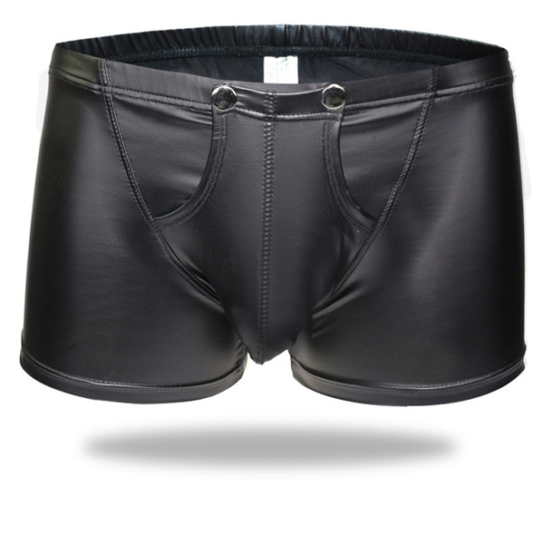 Men's Black Leather Underwear Tight Boxer Briefs Wetlook Swim Shorts with Buckled Pouch