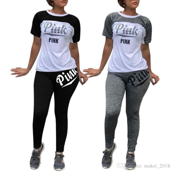 2019 Pink Letter Clothing Set Short Sleeve T-shirt Leggings Secret Pants Tracksuit Women Victoria Clothes Sportswear Patchwork Gym Jeggings