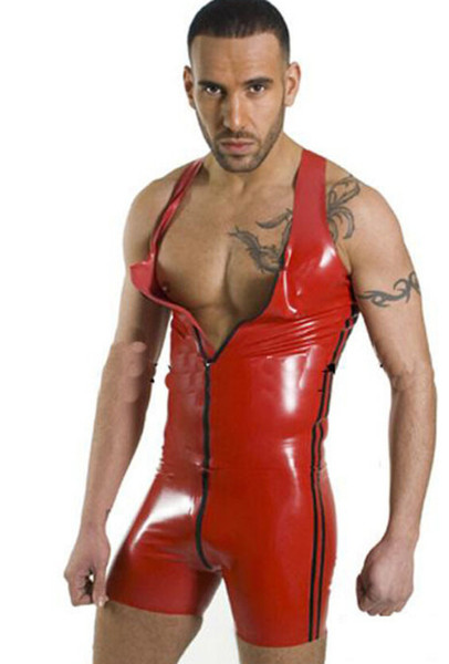 Gay Red Conjoined Sexy lingerie Men style Patent leather One-piece garment Long zipper Open crotch free shipping