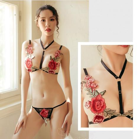 New Sexy Lingerie Hot Rose Flower Lace Spliced Arty Lingerie Costumes Temptation Transparent Sleepwear Adjustable One-size Fit All