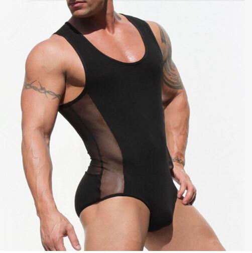 Man Bodysuit Sexy Ice Silk Gauze Lingerie Sexy Men's Fashion Patchwork See-Through Bodysuits Men Jumpsuit Underwear