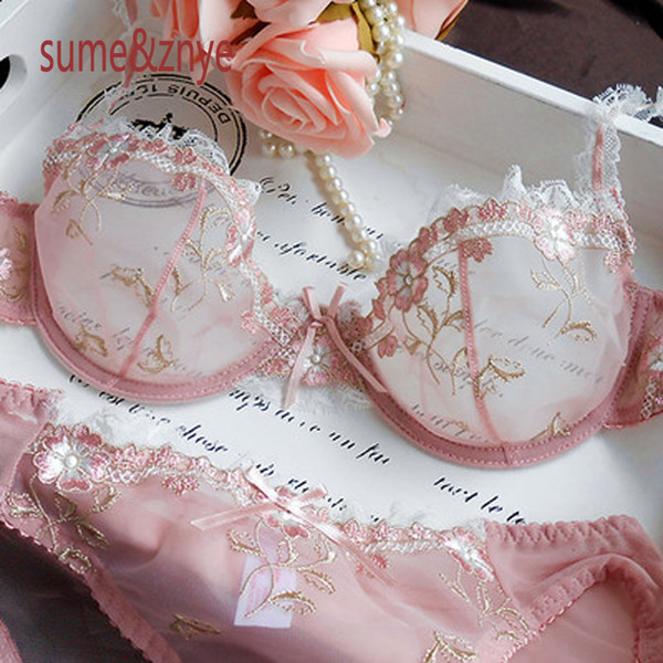 French brand female underwear bra set lingerie sexy bra embroidery ultra-thin Pink transparent lace bra for women and panty set C18111601