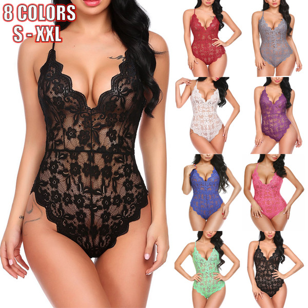 Women One Piece Lace Bodysuit V Neck Lingerie Hollow Floral Lace Halter Backless Sexy Underwear Sleepwear Pajamas