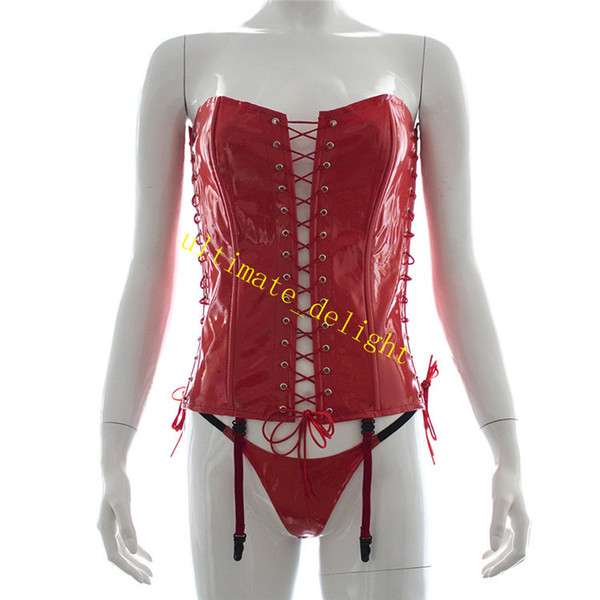 Patent Leather Lacing Tube Top Bra Waistband T-back Thongs With Garters Lacing Sleeves Flirty Sexy Cloth