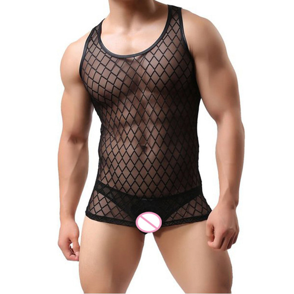 Hot Sale Tank+briefs 2pcs Men Sexy Underwear Lingerie Set Transparent Mesh Plaid Singlet Gay Male Exotic Sex Sleepwear Bodysuits