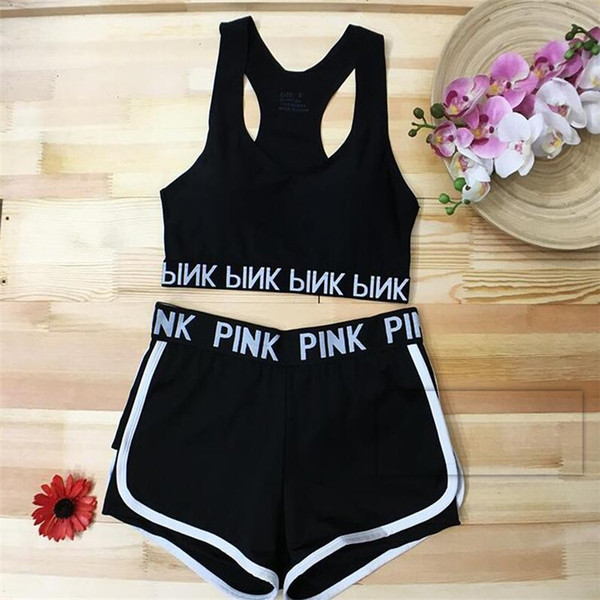 Hotlove pink sports sets sport bra gym fitness short pants PINK Letter underwear exercise vest Runing yoga shorts trousers push up bras Tops