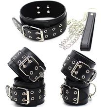 Hot Sale Adult Games PU Leather BDSM Bondage Restraints Kit Hands Cuffs Ankle Cuffs Neck Collar With Leash, Sex Toys For Couples