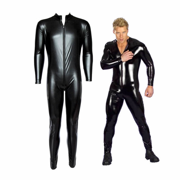 Male Leather Bodysuit Men Sexy Full Body Dress Uniform Zipper PVC Outfit Faux Leather Rubber Gay Costume