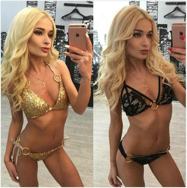 Women Lacing Bikinis Sexy Golden Sequined Strappy Hollow Out Swimsuit Adjustable Swimwear Bathing Suits Beach Wear