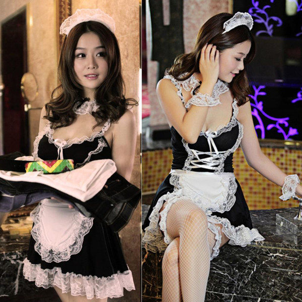 Women Lace sexy lingerie hot erotic Cosplay French Maid Uniform Deep V neck Babydoll Dress Lenceria Sexy Costume Underwear