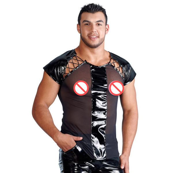 T-shirt Men Sexy DS Nightclub Costumes Transparent Mesh T-shirt Tops Undershirt Sexy Lingerie Mens Leather Costume Exotic Tanks