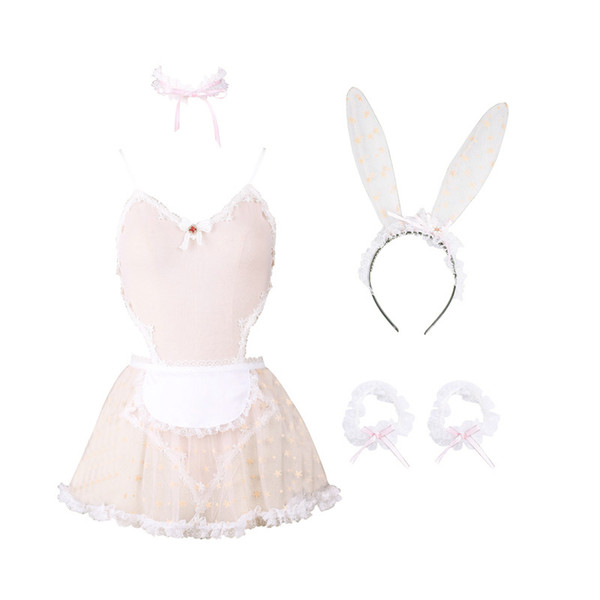 Fairy Star Print Lace Women Rabbit Bunny Maid Cosplay Costume Party Sexy Erotic Lingerie Outfit Fancy Bodysuit Jumpsuit Babydoll