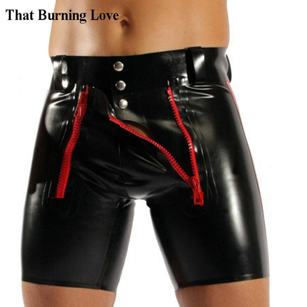 That Burning Love Wetlook Faux Leather Zipper Open Crotch Shorts Pants Sexy Lingerie for Men Fetish Clubwear Costume Plus Size