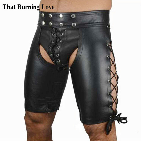 That Burning Love Faux Leather Mooning Spanking Shorts Sexy Lingerie for Men Shorts Pant Catsuit Club Wear Erotic Costumes XXL