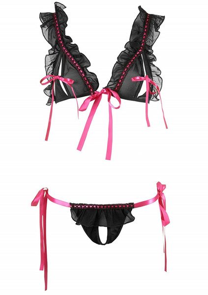 Underwear Women Sexy Lingerie Sets Pink Streamer Dew Breast Bralette G-string Panties Underwear Garter Sexy Bra Set