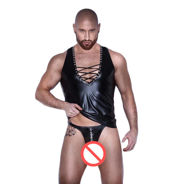 That Burning Love patent Leather Lace up Top+G-string Panty Sexy Lingerie for Men Latex Spandex Catsuit for Men Erotic Costumes