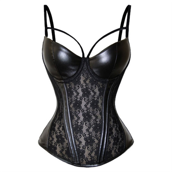 Sexy Steampunk Bustier Gothic Leather Black Lace Lingerie Floral Waist Cincher Steel Boned Body Shaper Corsete Overbust Pant Set