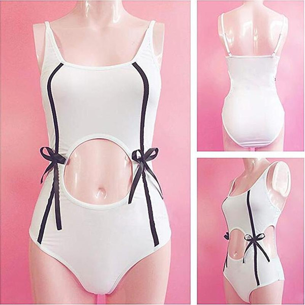 Womens Cosplay Swimsuit Lolita Cute Bunny Girl Jumpsuit Swimwear Cut Out Bowknot Lingerie One Piece