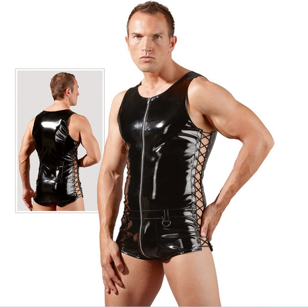 Men Sexy Shiny PVC Faux Leather Bodysuit Sexy Vest Zipper Open Black Hollow Out Top Club Punk Dance Gay Wear Stage Bodysuit