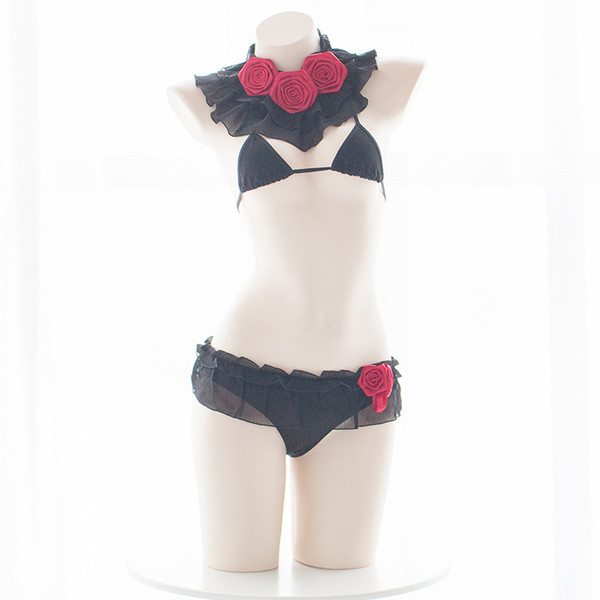 Women's chiffon Vintage Gothic Rose Bikini Lingerie Lolita Girls Anime Vampire Cosplay Costume