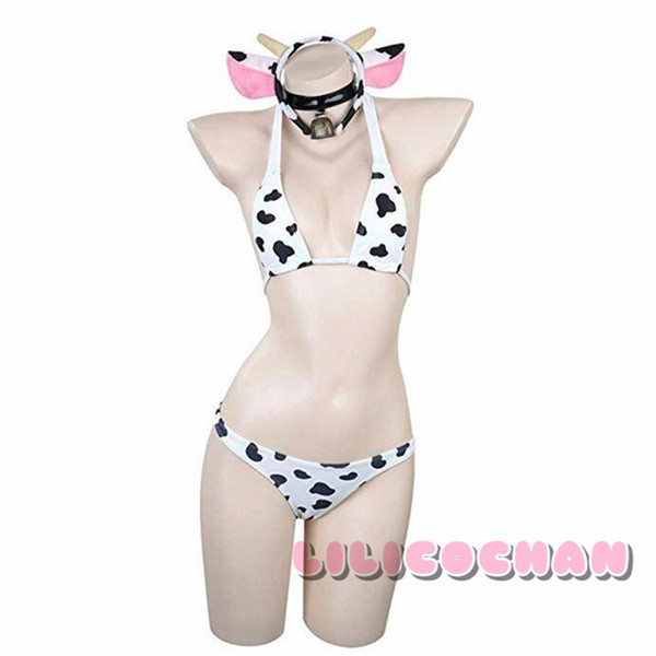 Womens Sexy Anime Cow Cosplay costumes Bikini Lolita Kawaii Bra and Panty Set stockings Erotic Japanese Underwear lilicochan