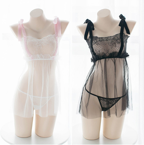 Womens Sheer Lace Chemise Lolita Sexy Maid Cosplay Underwear Vintage Strappy Nightgown