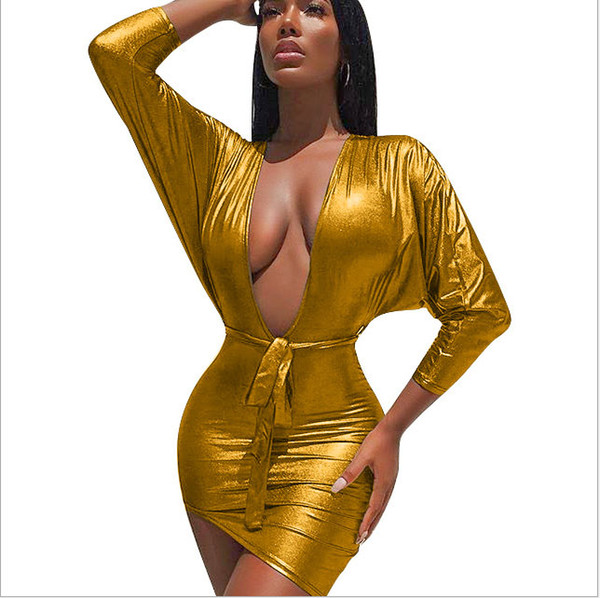 Sexy skirt Low bosom Lingerie Sexy deep v-neck underwear A gold-plated long-sleeved dress Package hip skirt