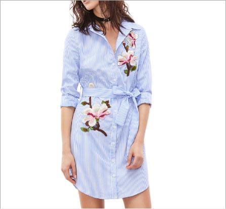 Sexy Shirt Loose pajamas Long sleeve Lingerie Blue and white vertical bars The embroidery Shirt