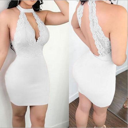 Sexy skirt Low bosom slim dress Sleeveless Lingerie Hollow-out backless trim sexy lace patchwork skirt