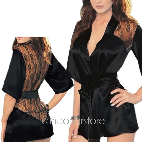 Wholesale-Free shipping new womens Sexy Lingerie Satin Lace Kimono Intimate Sleepwear Robe NightGown + G-string YL*NY121#S2