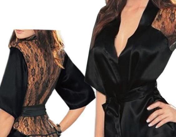 -Free shipping new womens Sexy Lingerie Satin Lace Kimono Intimate Sleepwear Robe NightGown + G-string YL*NY121#S2