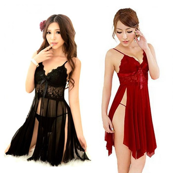 2017 Women Lace Sexy Night Gown Robe Lingerie Sleepwear Sex Nighties Split Dress Nightgown with