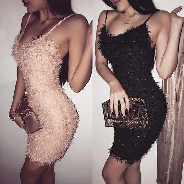 Fashion Women Bandage Bodycon Sleeveless Club Evening Party Short Flash Plush Dress